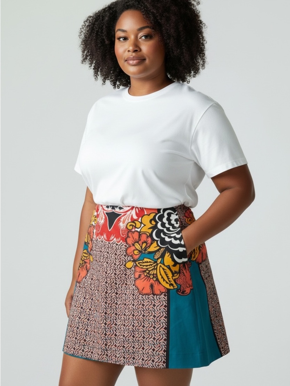 Express Floral Panel Mini Skirt in Teal, Orange, Yellow and Black